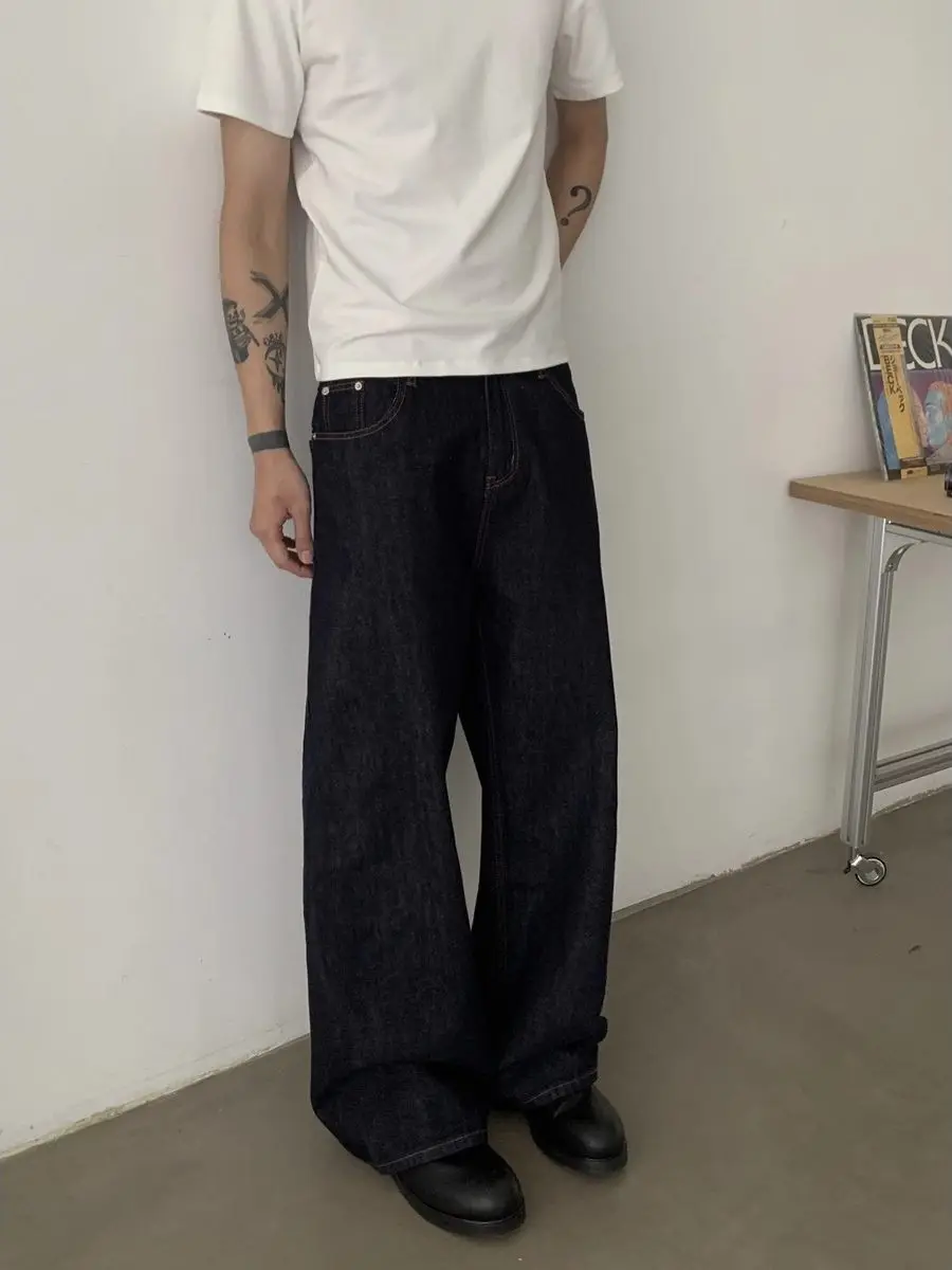 American Style Vintage Paris Button Straight Leg Original Color Denim Jeans Loose Long Trousers for Men And Women Cleanfit