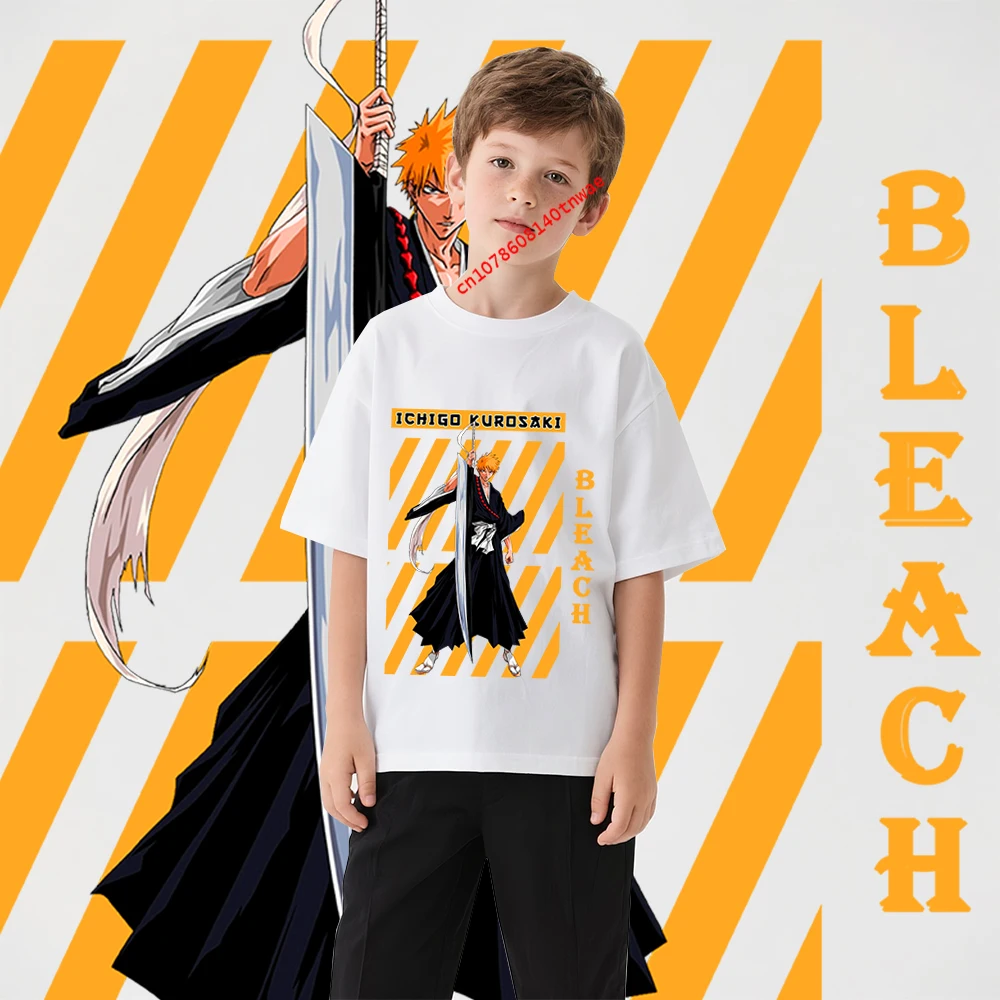 Bleach Ichigo Kurosaki Anime Print Cotton T Shirt for Boys Cartoon T shirts Kids Short Sleeve Tee Childrens Clothing view 2