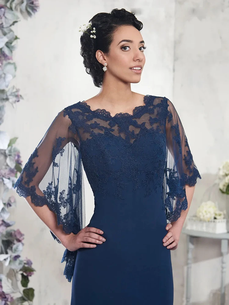 Vestido de chiffon para a mãe da noiva, azul marinho, até o chão, tule longo com applique cape, festa formal, casamento, verão, 2023