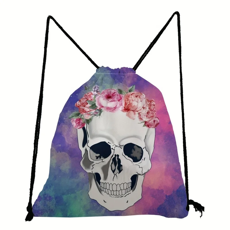 

Рюкзак на шнурке с цветочным принтом черепа, стильный спортивный рюкзак унисекс, повседневный рюкзак для ежедневного использования