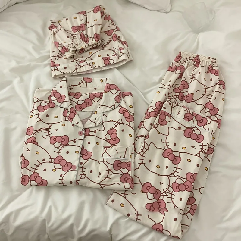 2 pièces mignon Hello Kitty pyjama costume dessin animé Sanrioed Anime Kawaii femmes printemps haut d'automne pantalons vêtements de détente Homewear filles douces