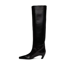 Arden Furtado 2025 Autumn Black Kitten heel Knee high boots Square toe Slip-on Middle heel Modern boots thin leg Straight boot