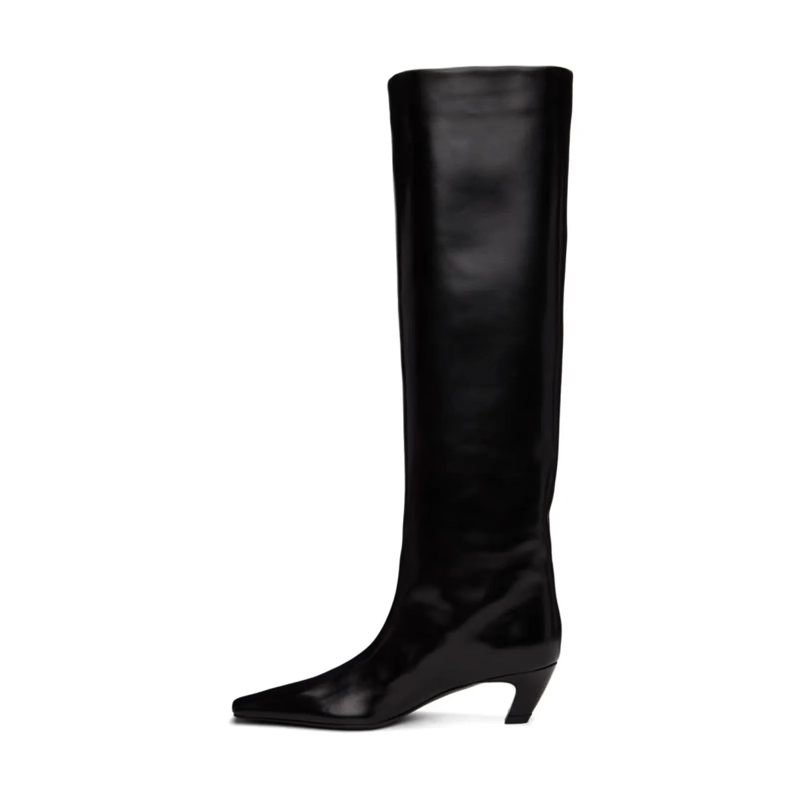 Arden Furtado Women's Autumn Black Kitten Heel Knee High Boots Square Toe Slip-On Middle Heel Modern Thin Leg Straight Boot