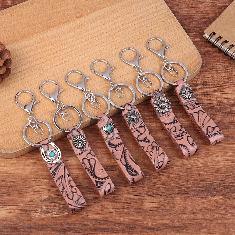 Bohemian Vintage Genuine Leather Keychain For Car Fashion Women Bag Pendant Embossed Turquoise Decoration