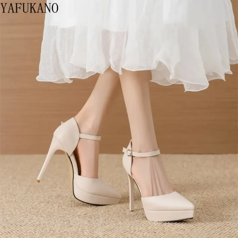 Brand Design Ankle Straps Womens Sandals 2024 New 12Cm Pointed Toe Platform Party Pumps Matte Leather Girl High Heels Size 33 42