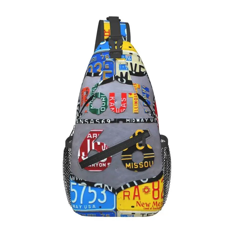 

Custom Cool Route 66 License Plate Art Sling Bag for Cycling Camping American Road Crossbody Chest Backpack Shoulder Daypack