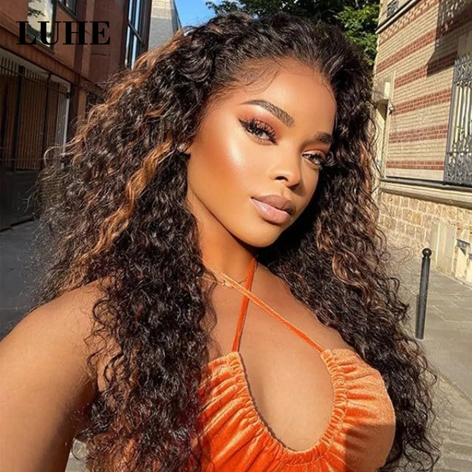 Kinky Curly Mix Brown Highlights 13x3 Lace Front Wigs for Black Women Long Loose Curly Synthetic Hair Lace Frontal Wig Daily Use