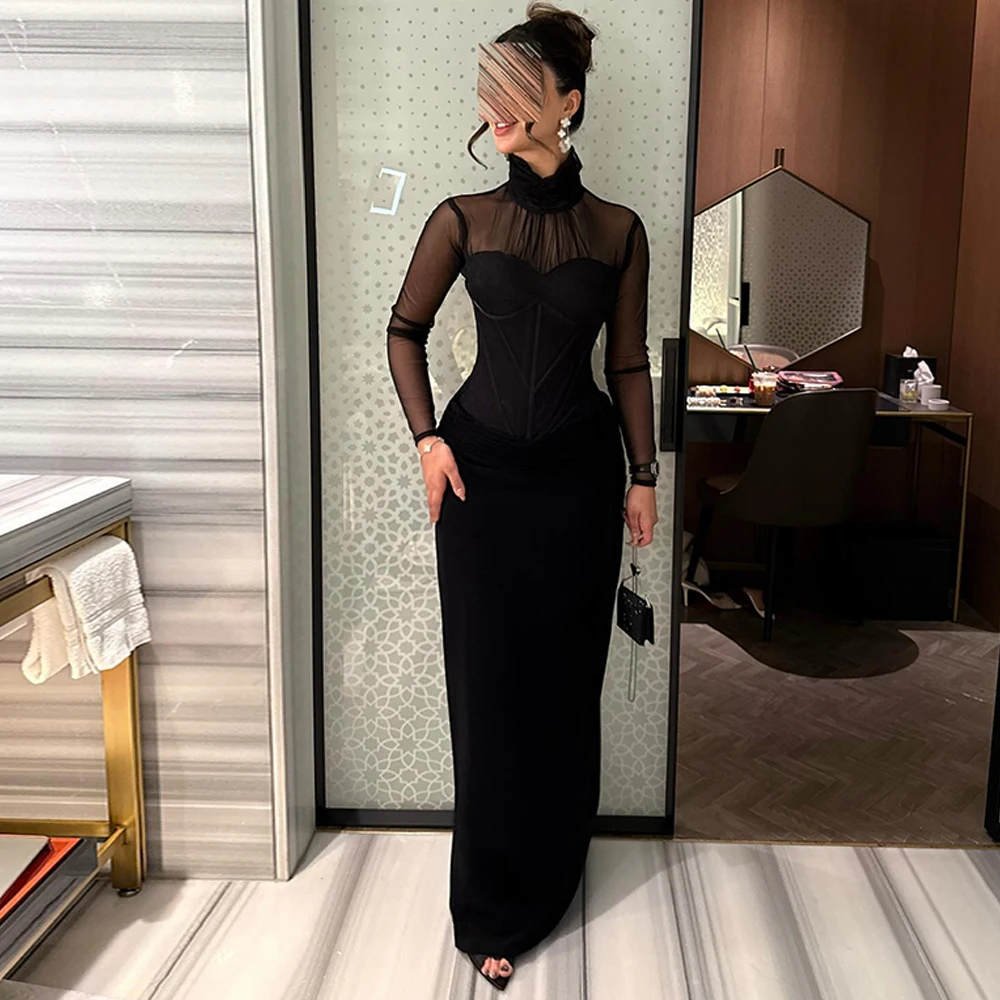 

Simple Mermaid Jersey Evening Dress Classic Long Sleeves Customized Homecoming Dresses Fashion High Collar Celebrity Gowns
