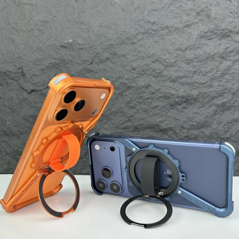Aluminum Shockproof Alloy Bumper Phone Case For Apple iPhone 18 17 Pro Max Magnetic Rotation Holder Protective Cover Case