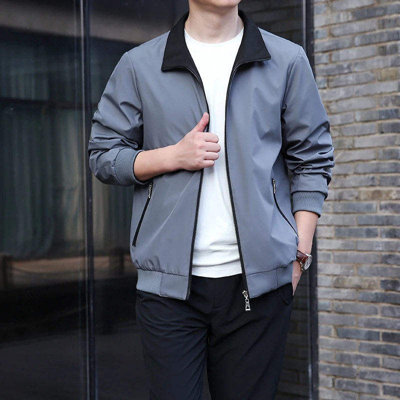 

Autumn Men's Windbreaker Double-sided Wear Jackets Men Baseball Pilot Bomber Stand Collar Jacket Hip Hop Business Casual Coat