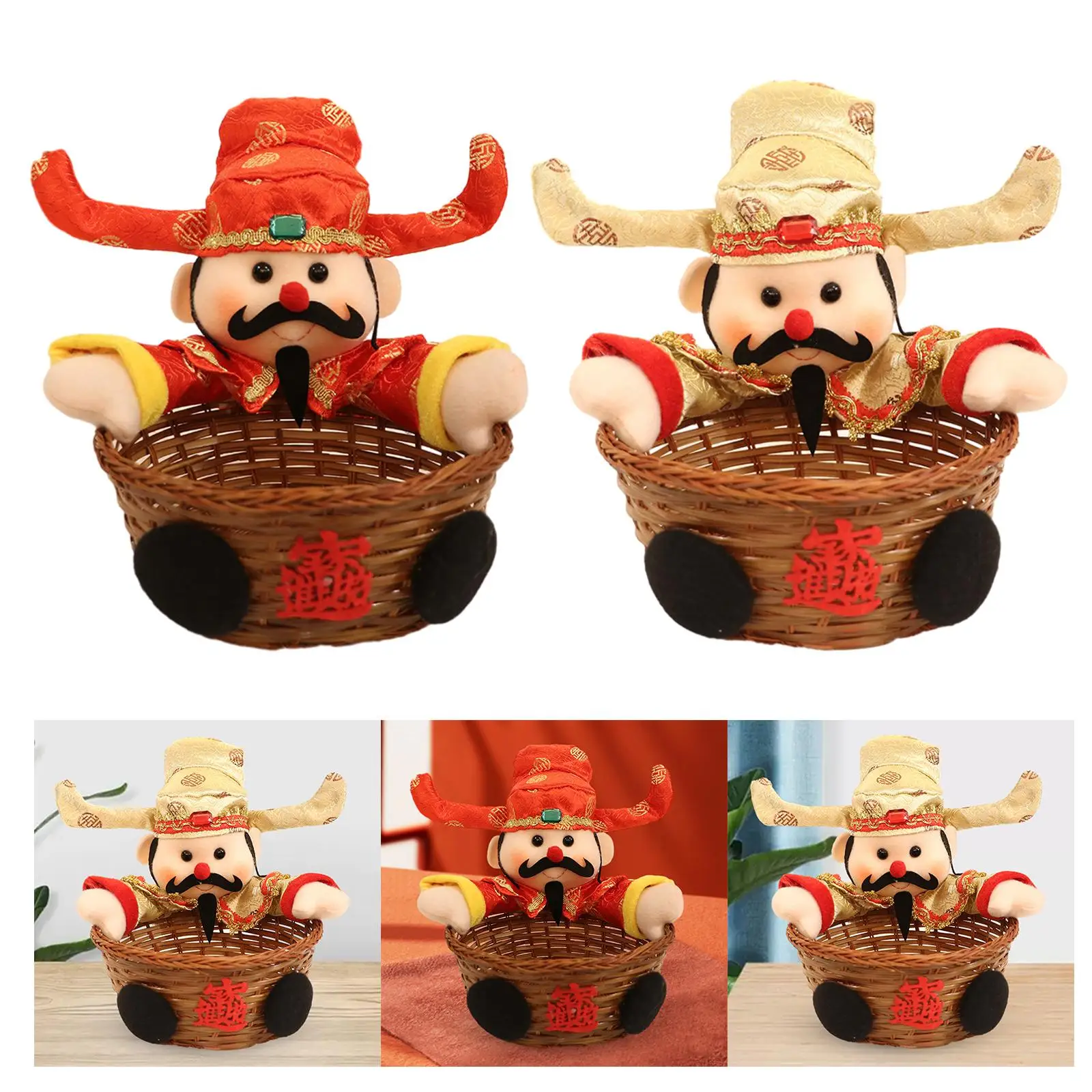 Handwoven Basket Adorable God of Fortune Figurine Food Storage Basket Desktop Decor for Home Spring Festival Holiday Living Room