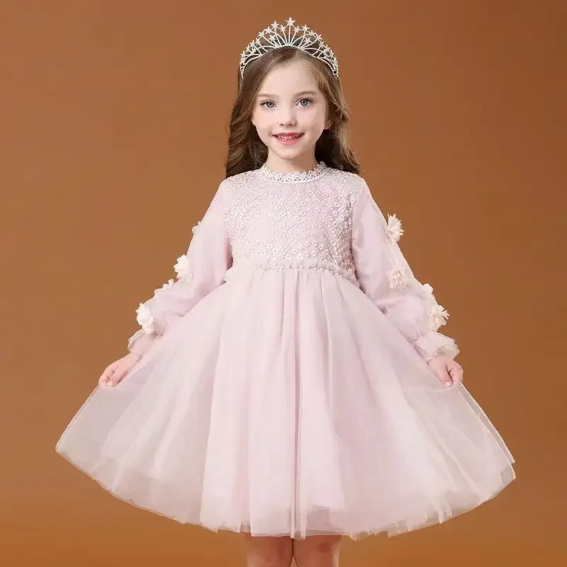 

Fashion Girl Princess Dress Flower Long Sleeves Fluffy Yarn Vestidos Spring&Autumn Lace Dress Festa Birthday Party Wedding 2-14Y