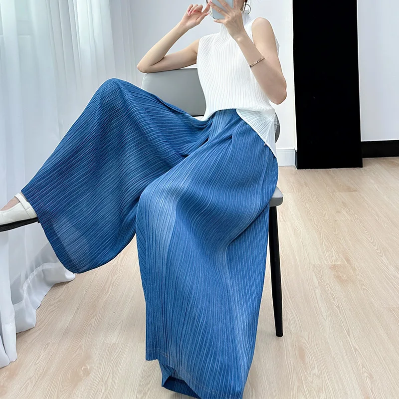 Imagem -04 - Miyake-calça Plissada de Cintura Alta Infantil Confortável Ajuste Solto Jeans de Imitação Perna Larga Casual Verão Novo 2023