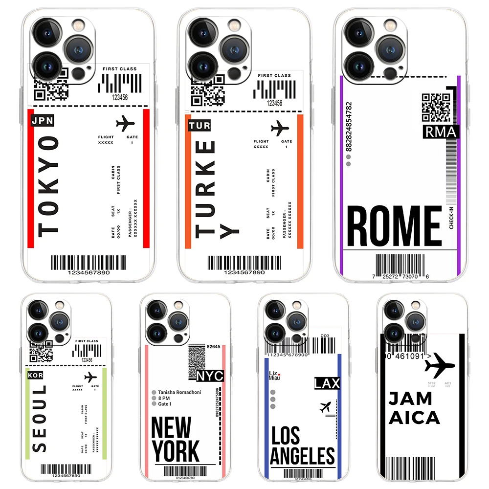 World Travel Ticket Seoul New York Transparent Soft Phone Case For iPhone 15 14 13 12 11 Pro Max X XR 8 7 Plus SE2020 XS Max Bag