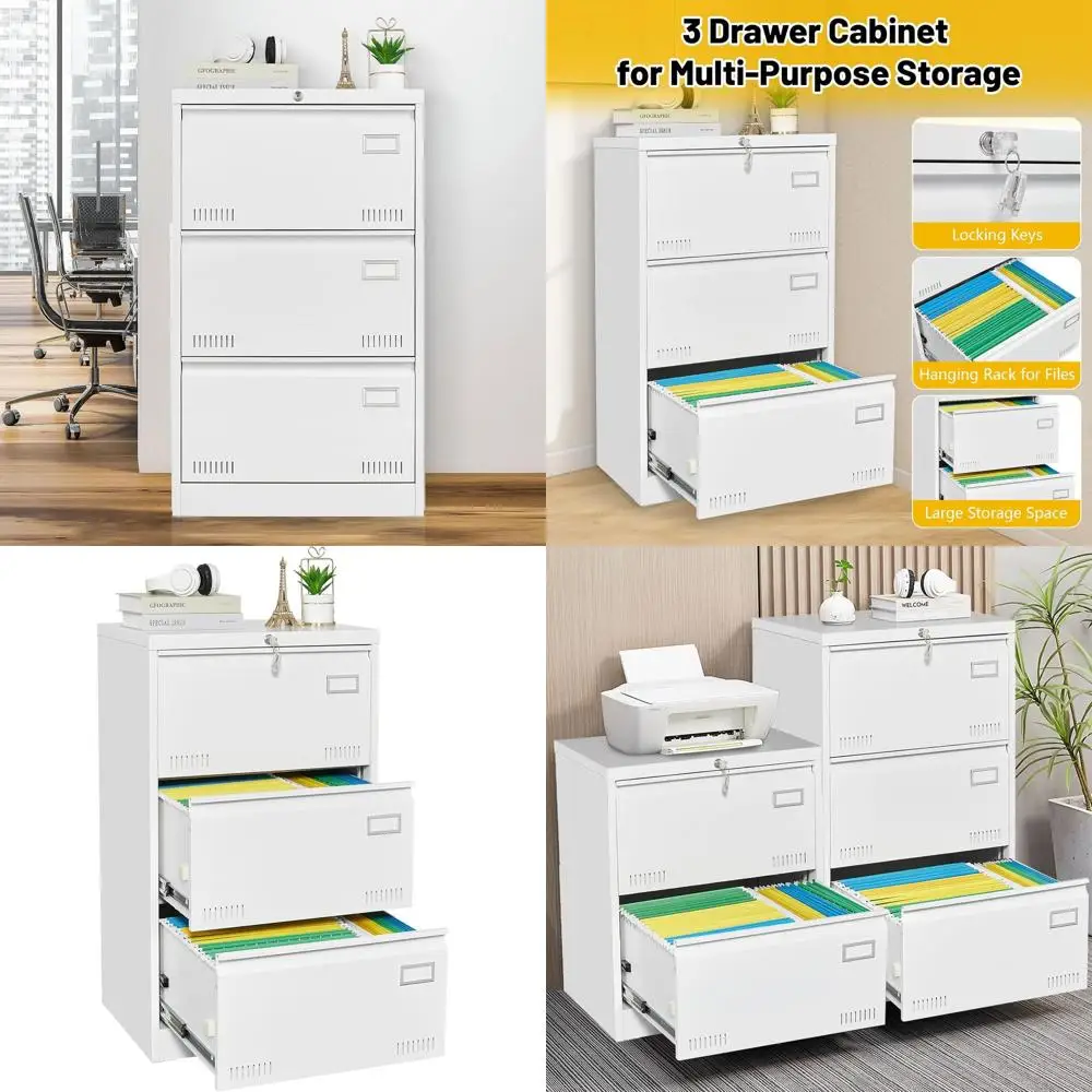 Modern Lockable Office Furniture - Lateral File Cabinet, A4 Storage, 3 Drawers, White