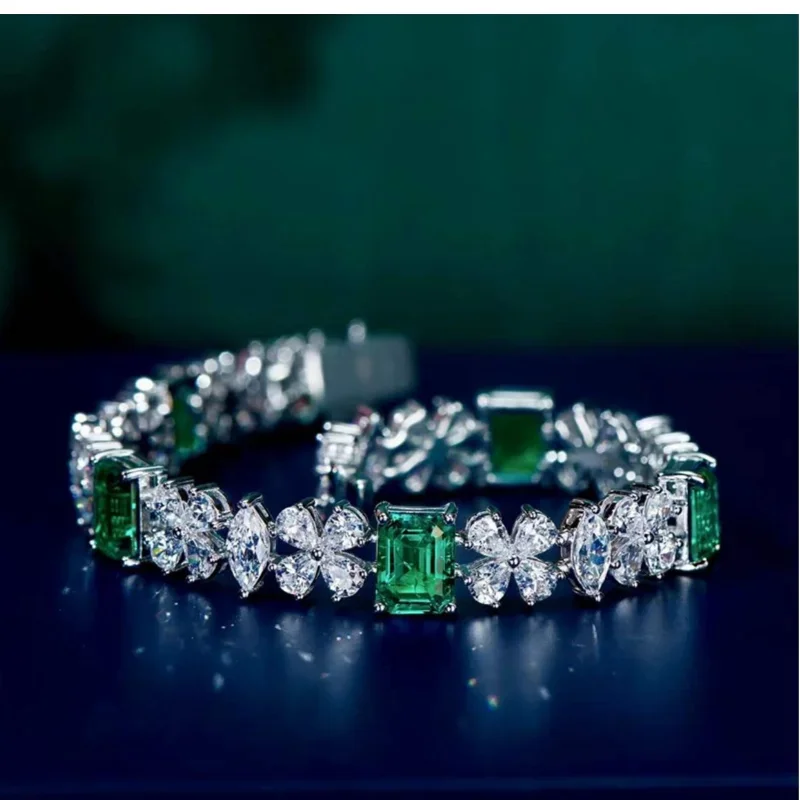 Trendy Lab Emerald Diamond Bangle Bracelet 100% Real 925 Sterling silver Wedding Bracelets For Women Promise Party Jewelry Gift