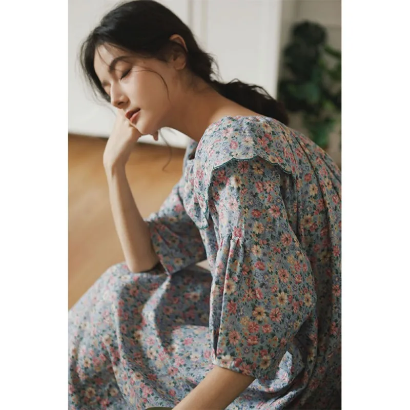 Autumn Cotton Double Gauze Cute Mid-Length Long Sleeve Nightgowns Round Neck Three Quarter Printed Pajama Dress Sexy Sleepwear