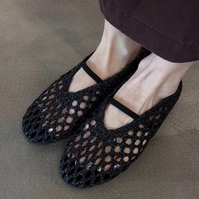 

Retro Mesh Weave Design Flat Sandals Women Fashion Hollow Soft Sole Mary Jane Shoe Concise Comfort Roman Sandal Zapatos De Mujer