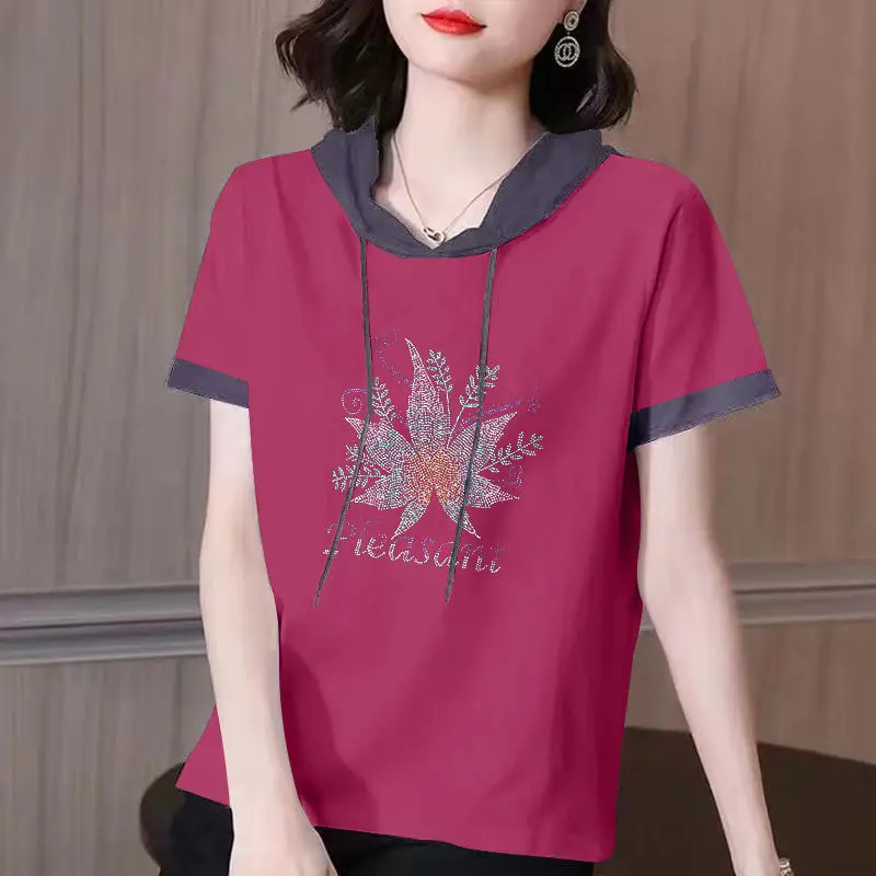 Fashion Spliced Short Sleeve Printed Hooded T-Shirt Women's Clothing 2024 Summer New Loose All-match Tops Commuter Tee Shirt