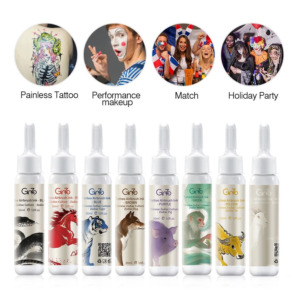 

8 PCS Airbrush Tattoo Ink 30ML Natural Organic Body Art Painting Pigments Temporary Matte Henna Tattoo Inks for Party/Holiday