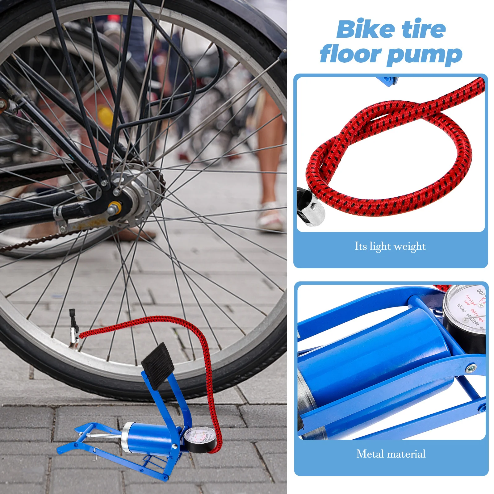 Bike Tire Floor Pump High Pressure Foot Pump Metal Construction Portable Design with Barometer Red for Cycling