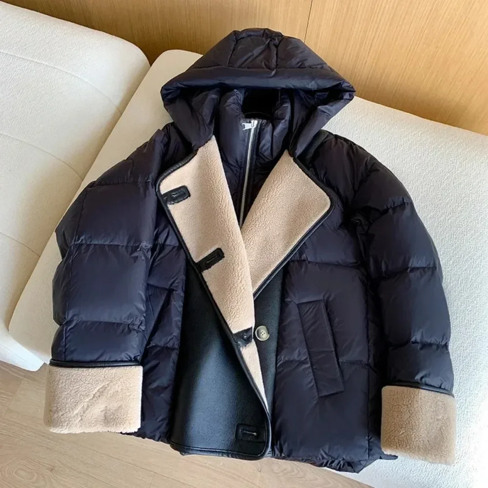 White Duck Down Jacket 2024 Winter New Women Loose Stand Collar Hooded Puffer Jacket Women Lamb Wool PU Leather Parkas Outwear