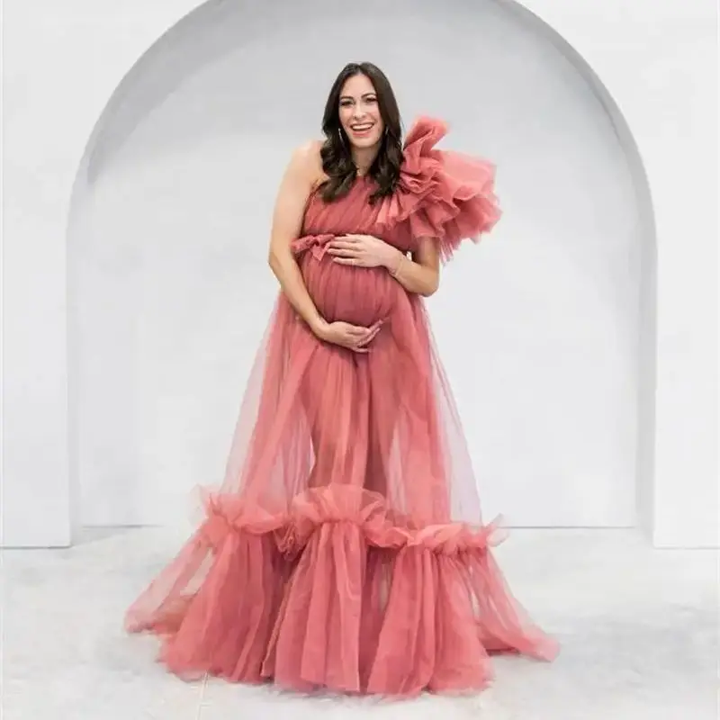

Tulle Prom Dress One Shoulder Ruffled Pregnancy Maxi Gown Empire Waist Baby Shower Dress Photography Vestido de Novia