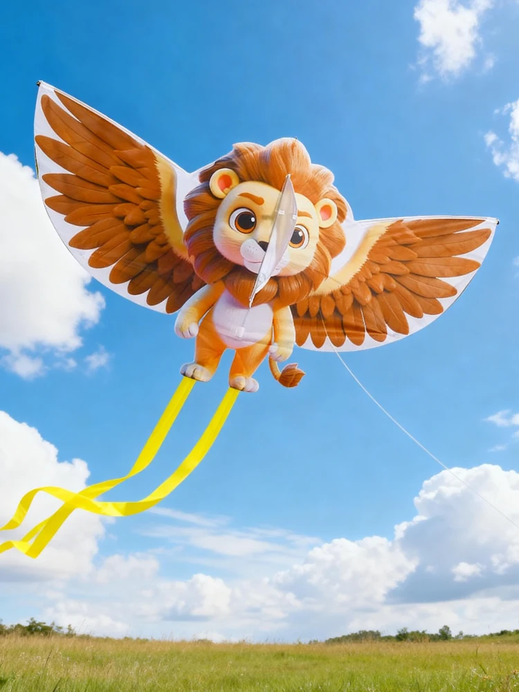 Questo adorabile aquilone con leoncino presenta un design con leone alato, realizzato come un aquilone professionale specifico per i principianti.