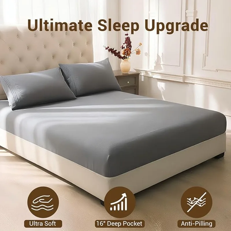 Bed Sheet Set - Extra Deep Pocket, Double Brushed Microfiber, Soft & Dry Touch, Stay in Place, Wrinkle Free, Stain & Fade Resistant Bedding(1 Pc Sheet + 1 Pcs Fitted Sheet + 1/2 Pcs Pillowcase)
