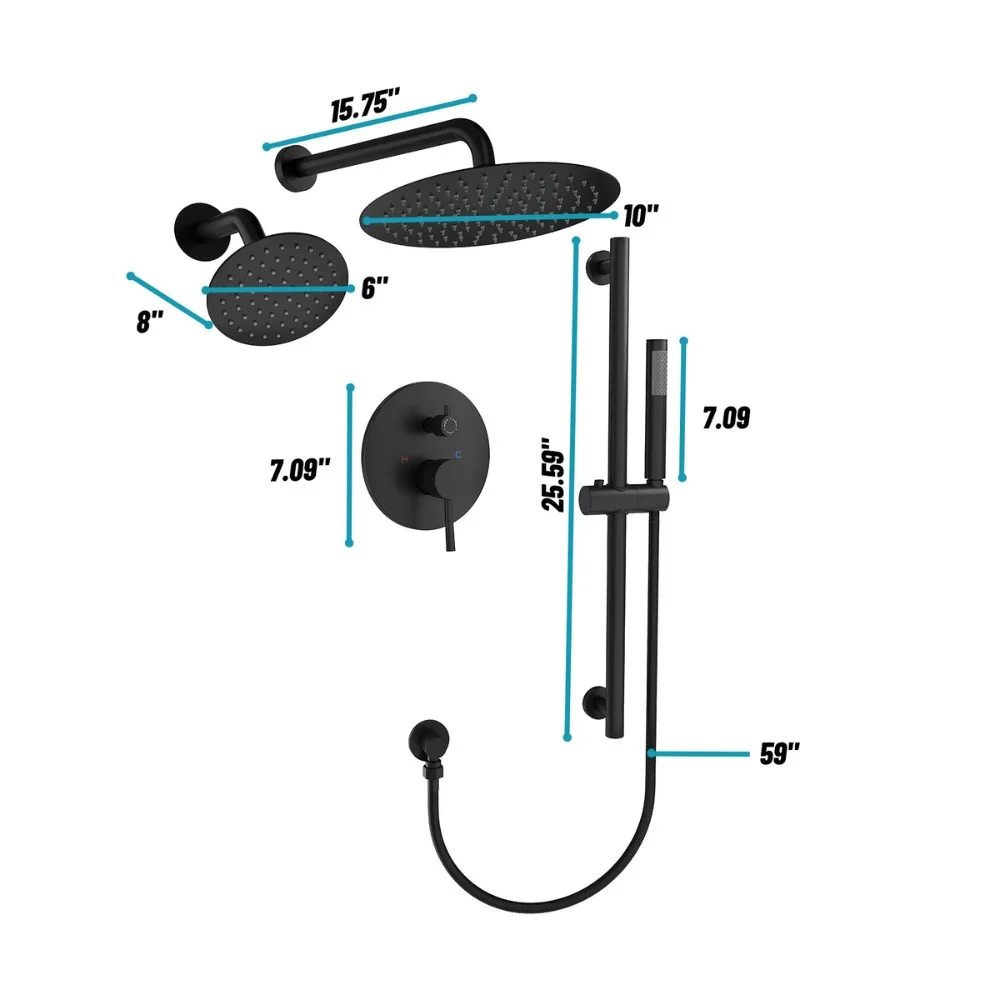 10inch American Style Concealed Three-Function Dual Shower Head System Stainless Steel Matte Black Hotel