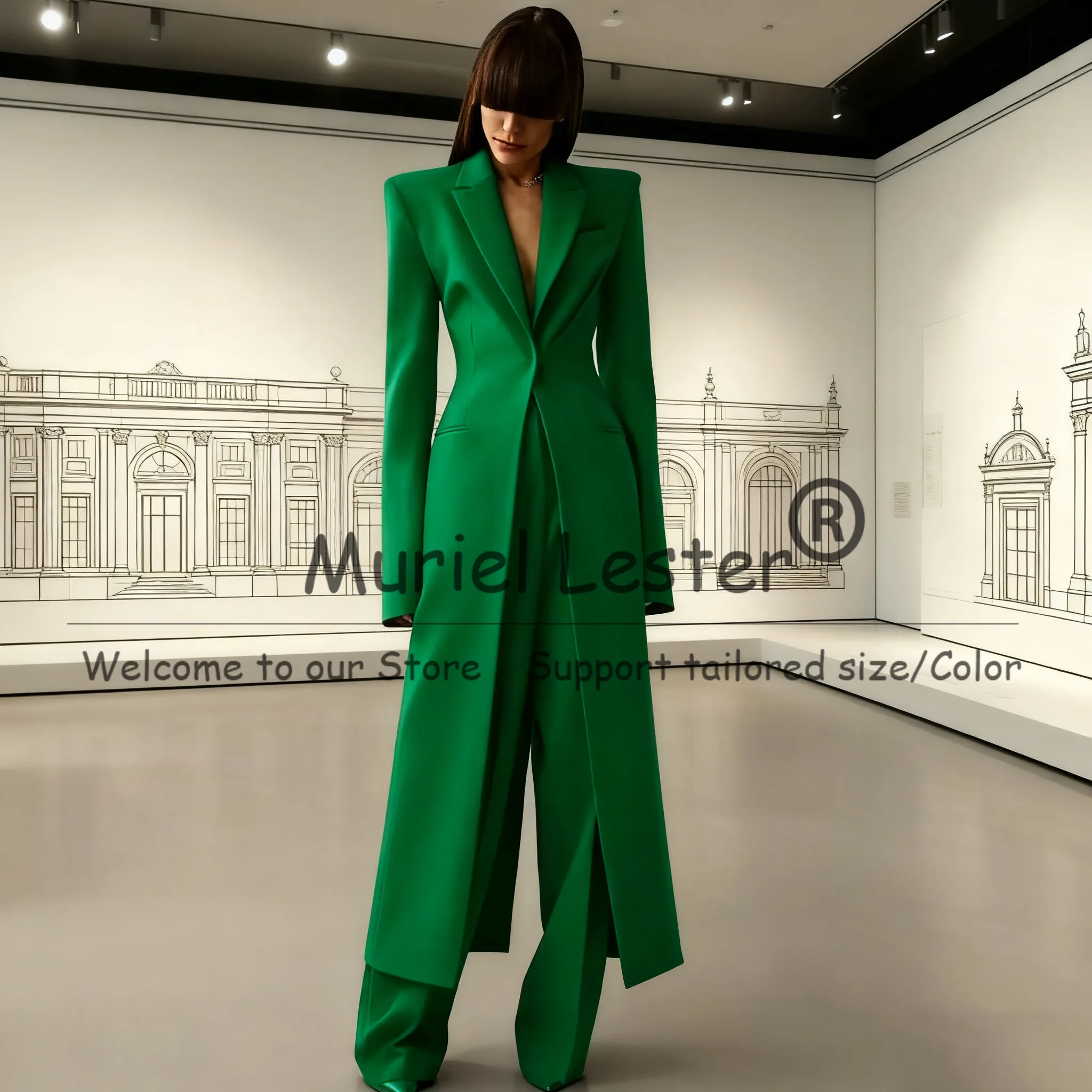 Elegant Green Women Suits Set 2 Piece Sets Long Jacket+Pants Wedding Party Prom Blazers Customized женский костюм