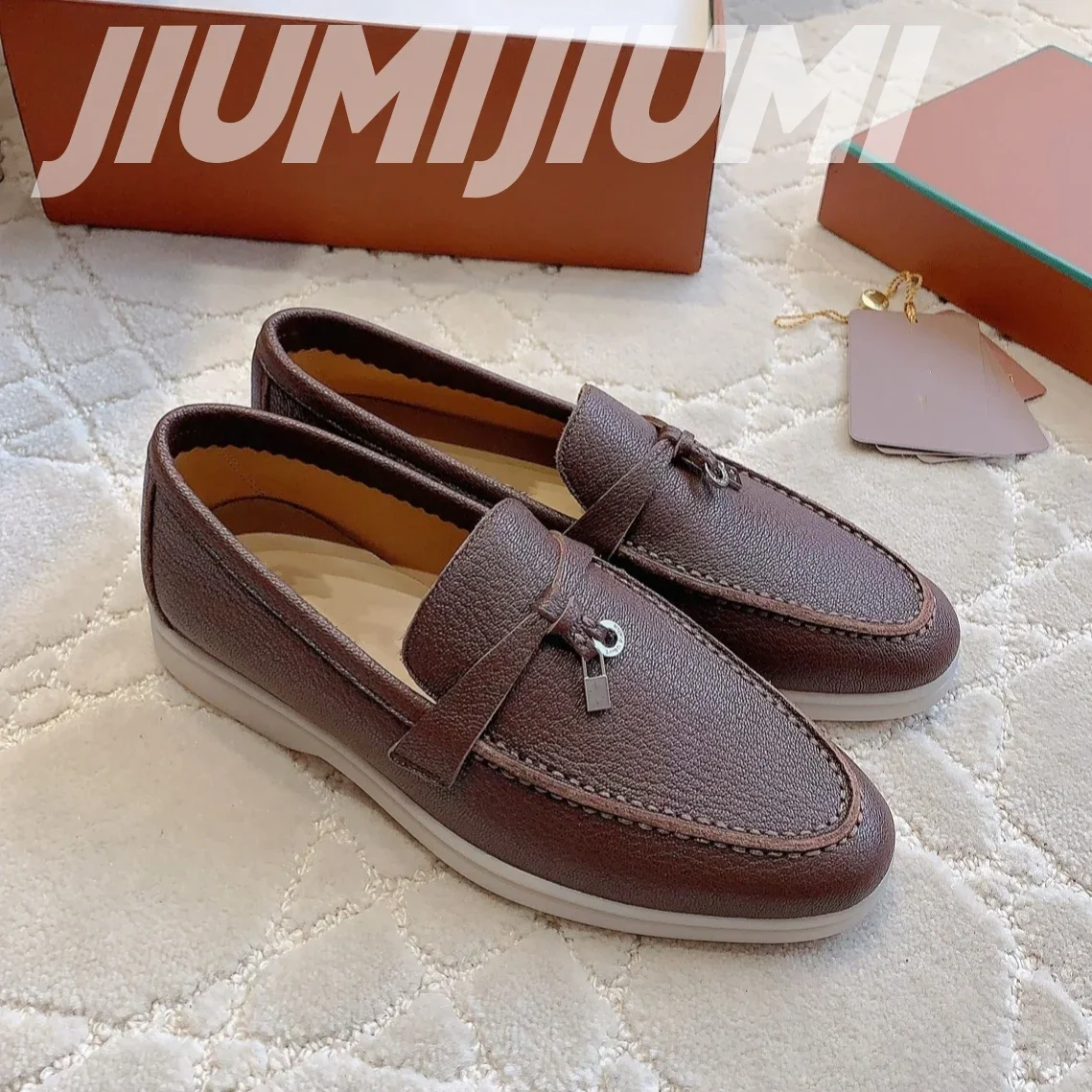 JIUMIJIUMI-Sapatos de couro artesanais para mulheres, mocassins planos casuais, decoração de metal, sólido slip-on conciso, qualidade superior