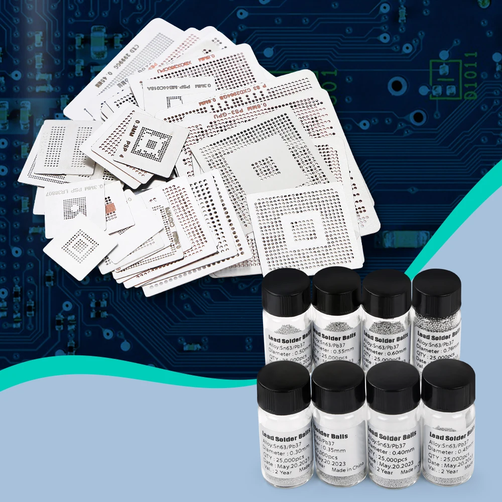 

BGA Tool Kit 47Pcs Heated Directly Reballing Stencils+8Pcs 25K Lead Solder Balls 0.30mm-0.60mm, 0.76mm for for BGA reballing