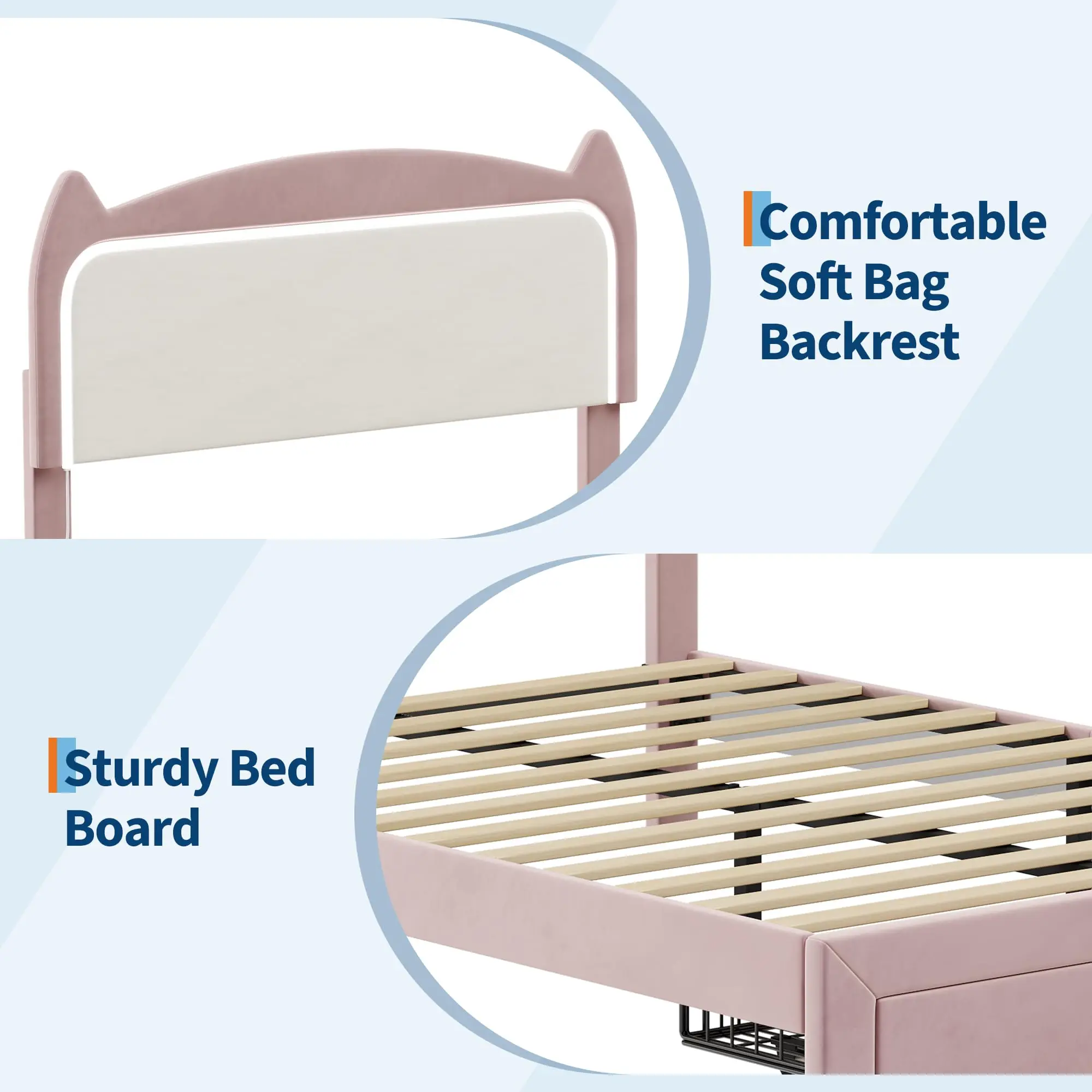 Kids Bed Frame with Storage Drawer & Cat Headboard, Upholstered Princess Platform Bed Frame with Sturdy Wood Slats Support, No Box Spring Needed, Easy Assembly