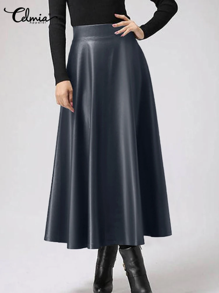 

Celmia 2023 Autumn Women Midi Skirt Streetwear OL Casual Loose Fashion Skirt Elegant PU Leather A-line High Waist Long Jupes