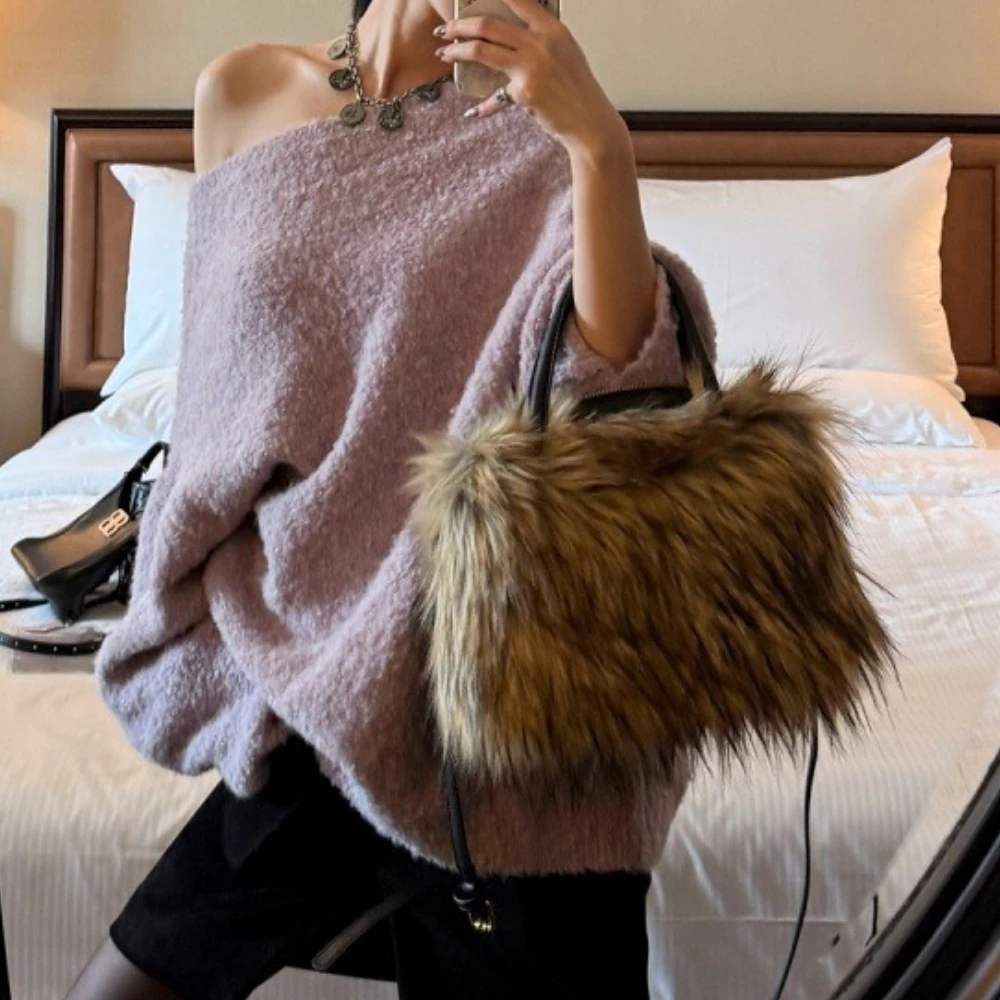 Y2k Soft Plush Women Shoulder Bag Winter Fashion Faux Fur Hot Girls Crossbody Bags Small Square Female Handbags Furry Tote Purse