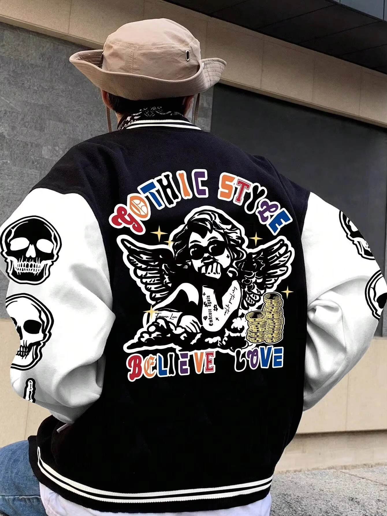 Manfinity Men's Oversize Varsity Jacket With Slogan & Angel Print Two Tone Design And Drop Shoulder jackets for men