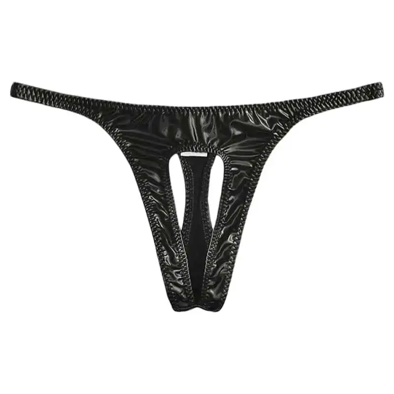 Men's Patent Leather Thong Sexy Low-rise Front Hollow Out Elastic Shiny T-back Underwear