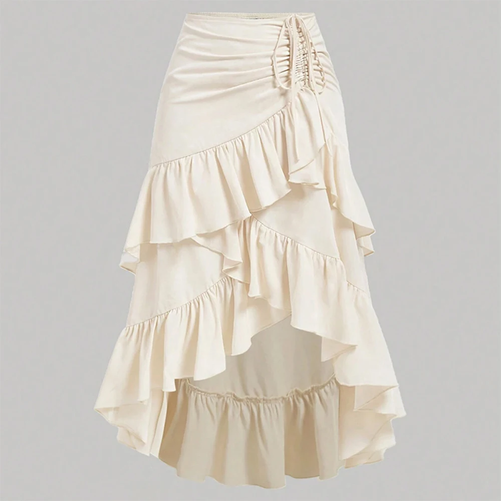 

Women Elegant Asymmetrical Flounce Midi Skirt Summer Casual A Line Black White Skirt with Drawstring Natural Waist for Vacation