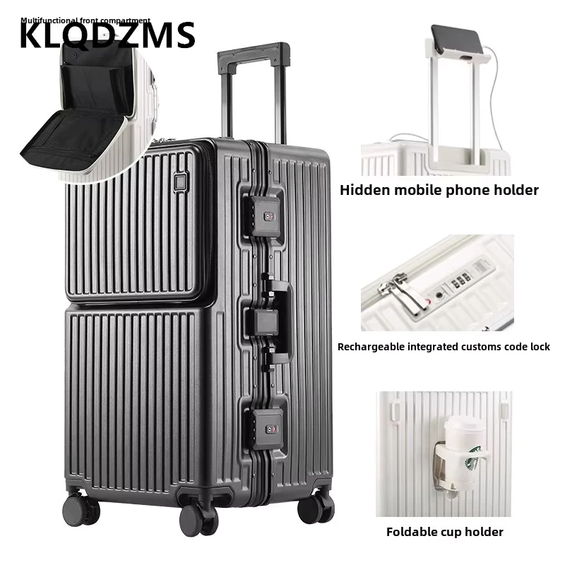 

KLQDZMS 26"28"30"32Inch Laptop Suitcase Front Opening Aluminum Frame Trolley Case USB Charging Multi-function Rolling Luggage