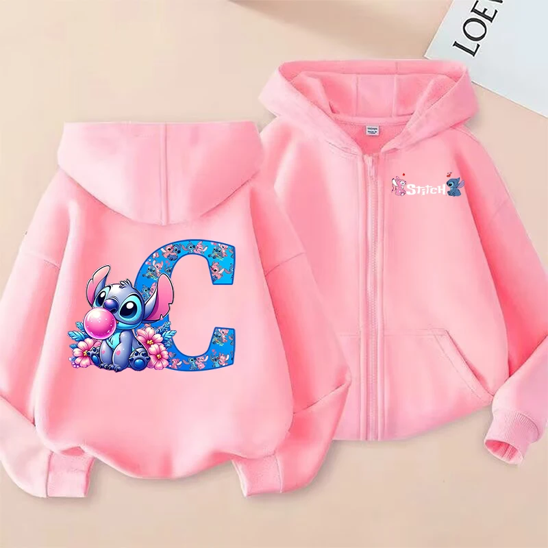 Stitch Disney enfant sweat à capuche avec fermeture éclair lettres de dessin animé filles extérieur sweat hiver à manches longues Harajuku pull décontracté à capuche