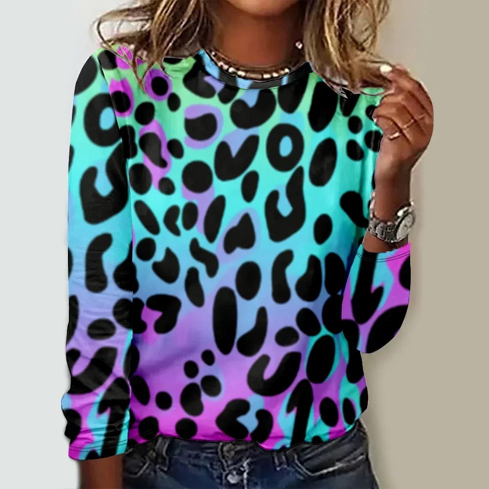 Fashion  O-Neck  Sweatshirt Women Leopard Printed  Lady  Pullover Tops Casual Basic  Long Sleeved  Autumn Winter Clothes