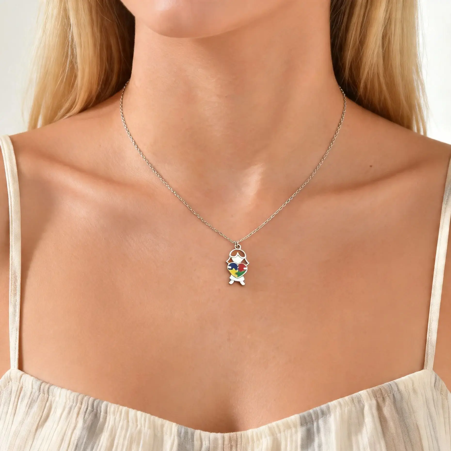 Heart Puzzle Piece Pendant Necklace for Autism, Stainless Steel Silver Color Charm, Inspirational Jewelry Gift