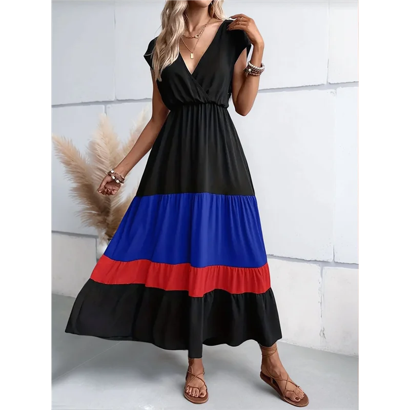 ABP-レディース パーティー カラーブロック ドレス ハイウエスト 半袖 マキシ V ネック ドレス カジュアル シャーリング フリル ヘム ドレス