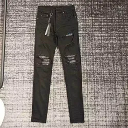 men sparkle sequins patches distressed black jeans
