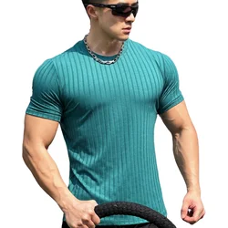 Summer New Fitness T-shirt Men Casual Short Sleeve Shirt Male Gym Bodybuilding Skinny Tees Tops Running Sport Quick Dry Clothing