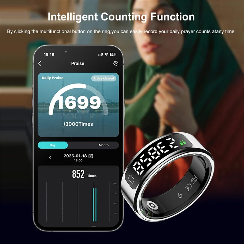 حلقة ذكية AAAEL-R11C مع شاشة عرض لتتبع اللياقة البدنية ومراقبة الصحة لمعدل ضربات القلب والأكسجين في الدم وتتبع النوم