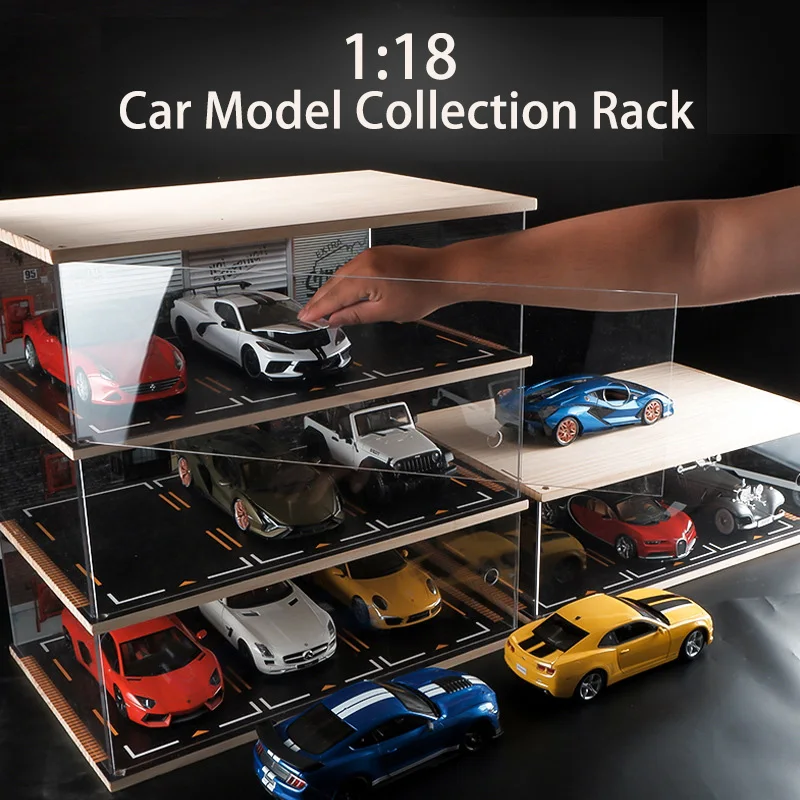 1:18 modelo de carros, cena de garagem de madeira, acrílico transparente, estacionamento, coleção de modelos de carro, expositor à prova de poeira, presente de aniversário