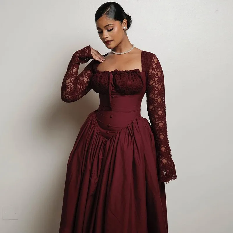 

Elegant Party Dress Black Long Sleeve Dresses Luxury Party Ruched Bodice A Line Dress Corset Waist Midi Dress For Woman Evening