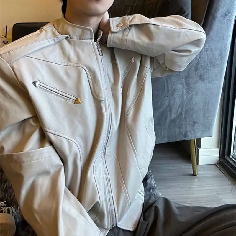 Men Beige Faux Leather Jacket Stand Collar Multi Zipper Pockets Zip Up Long Sleeve Coat Irregular Seam Streetwear Outerwear
